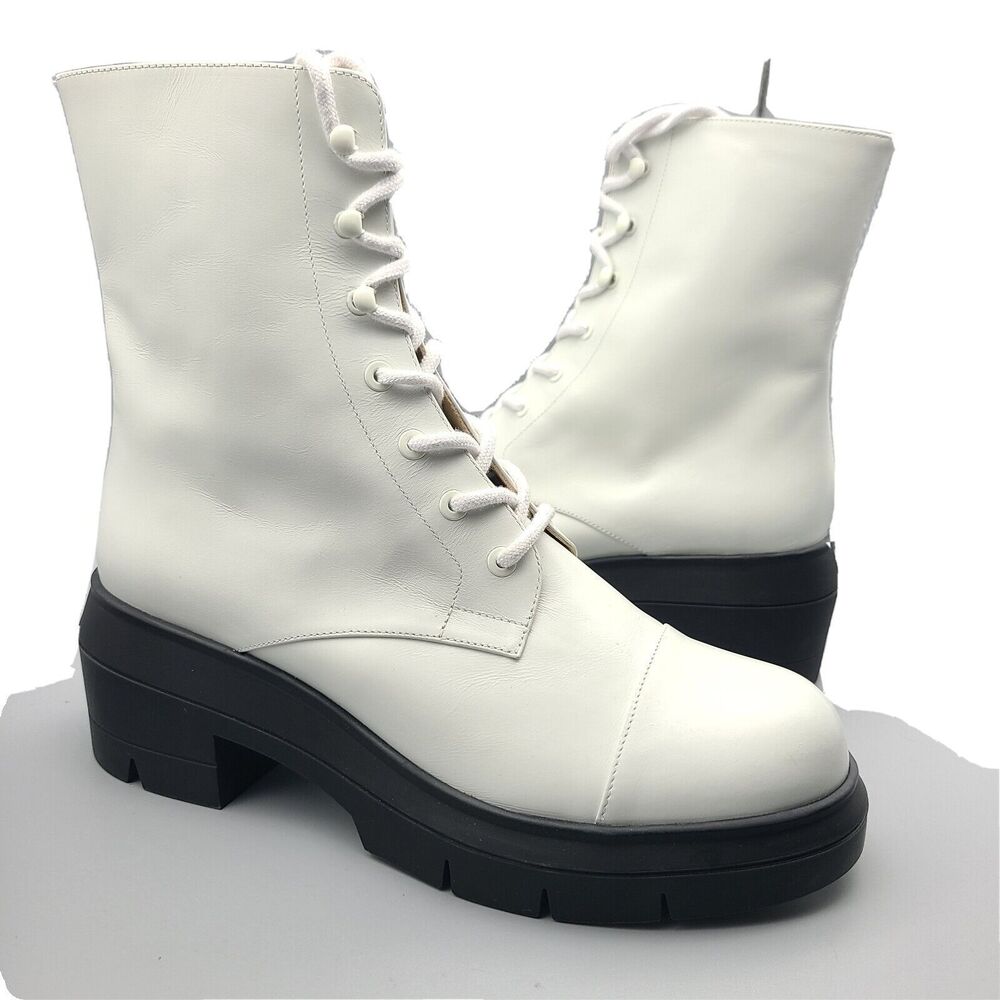 Stuart Weitzman boots sz 8.5 C/Wide Nisha white leather ankle combat lace up new